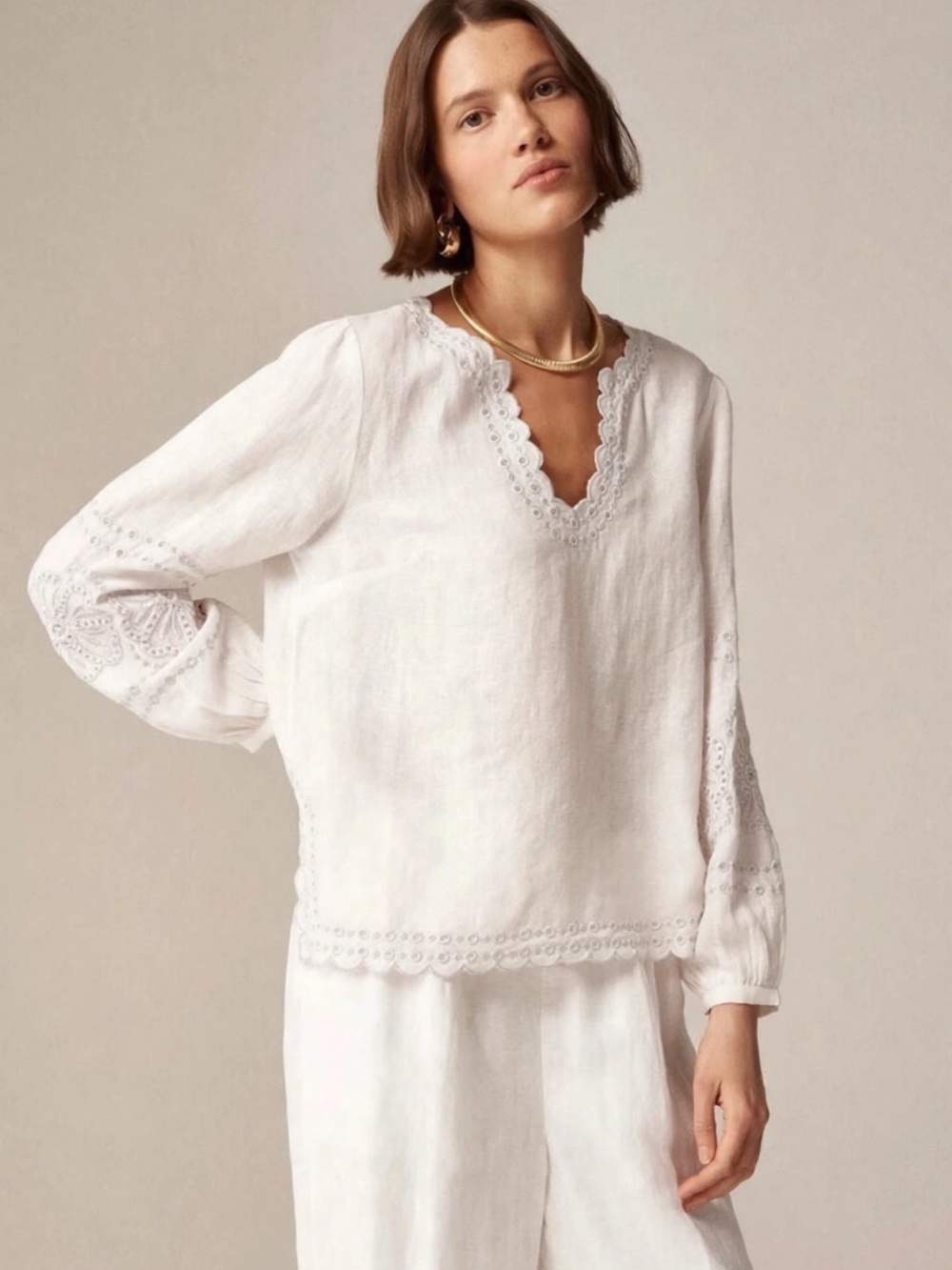 J. Crew || Bungalow Embroidered Top Eyelet Blouse  in Linen Cream Ivory Small